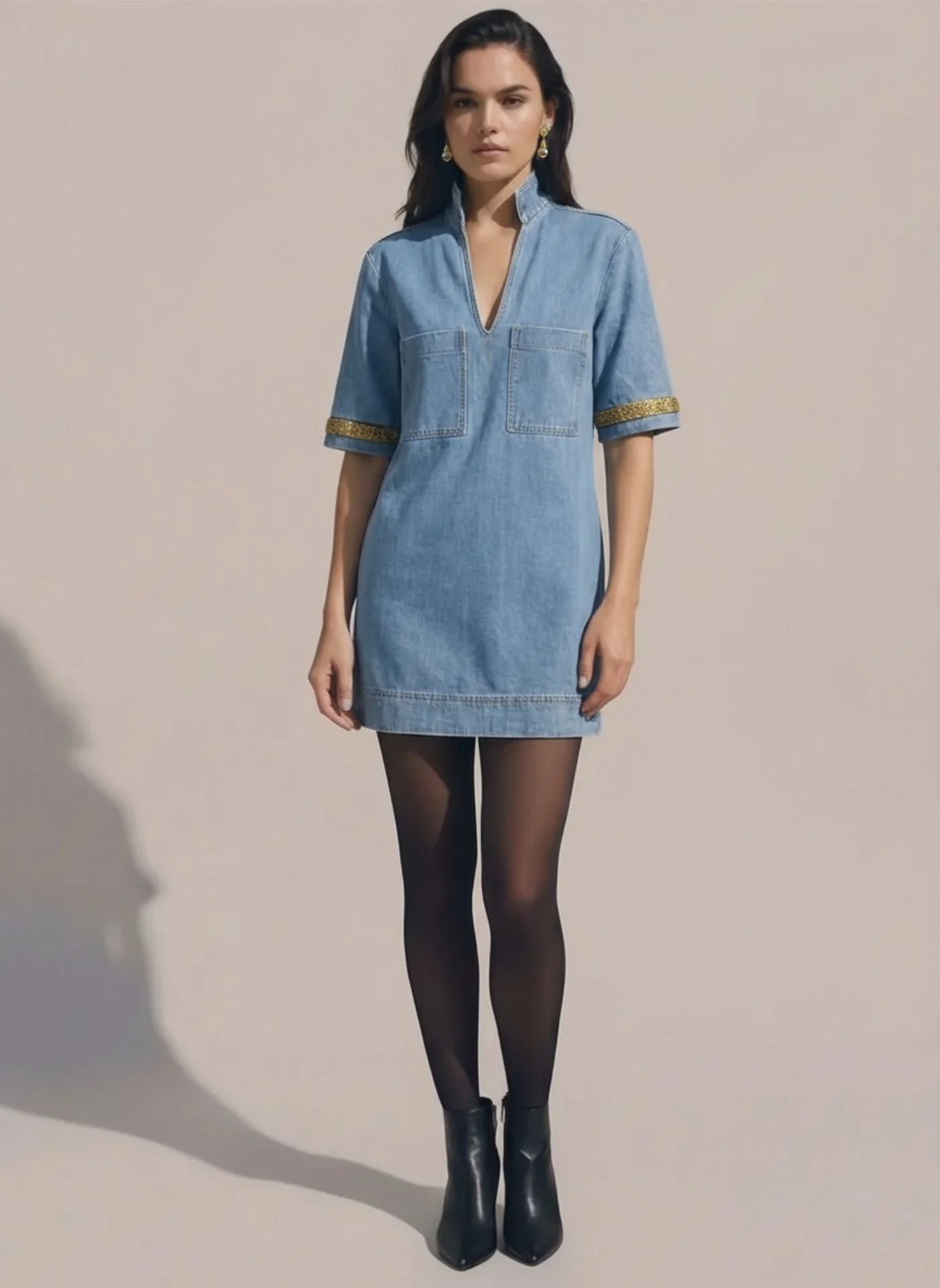 Blue Denim Shirt Dress With Gold Beaded Sleeve Trim