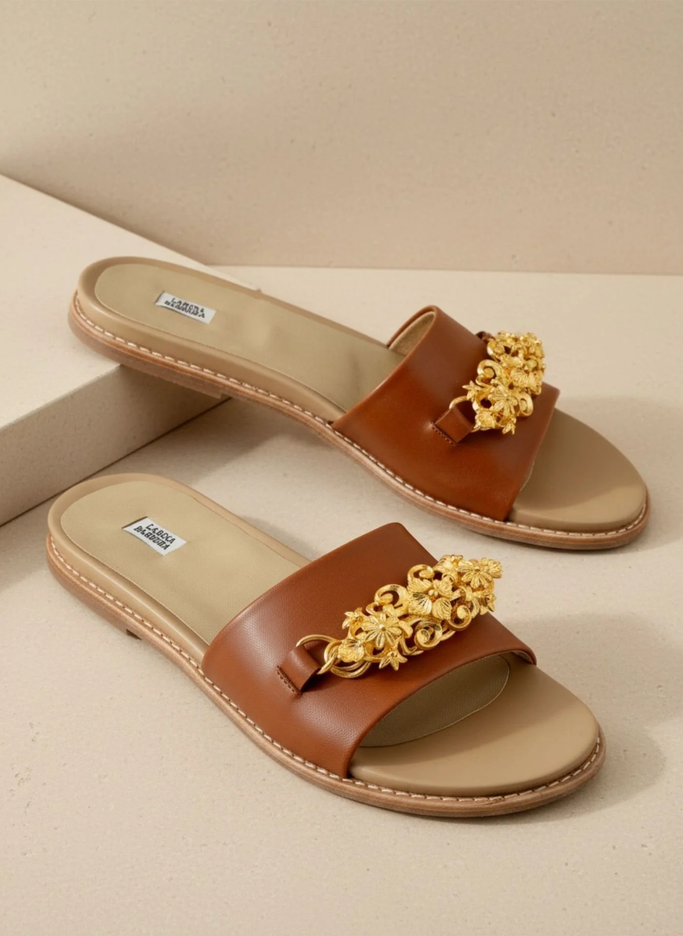 Brown Leather Flats with Gold Etruscan Ornaments