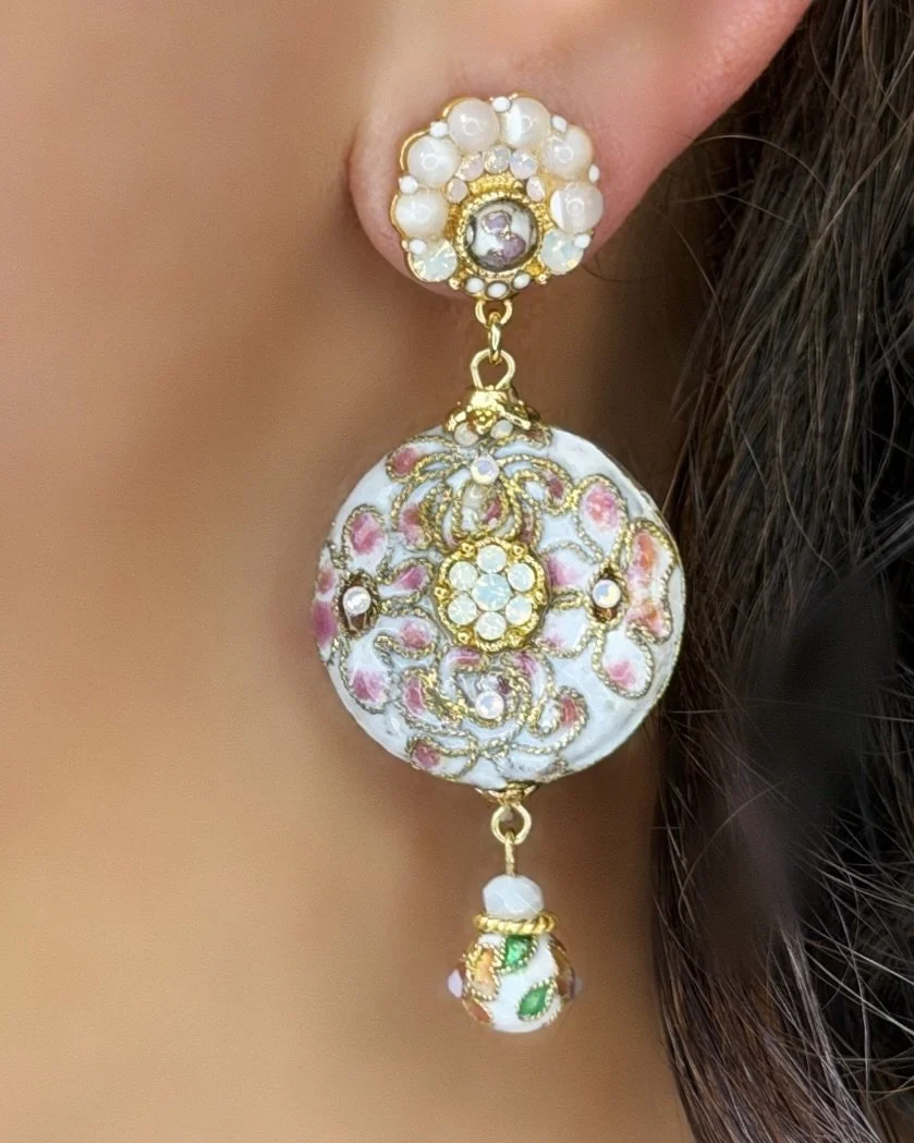 White & Pink Cloisonné Disc Drop Earrings (Clip or Pierced )
