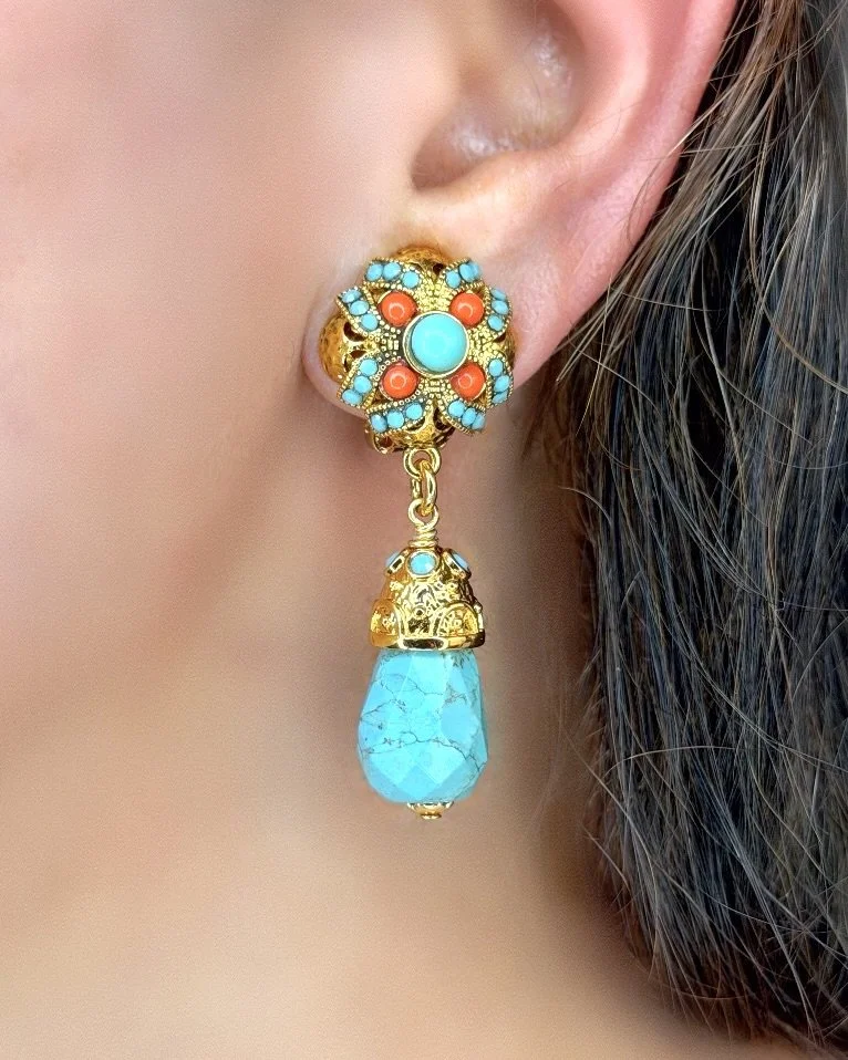 Coral And Turquoise On Gold Teardrop Clip Earrings