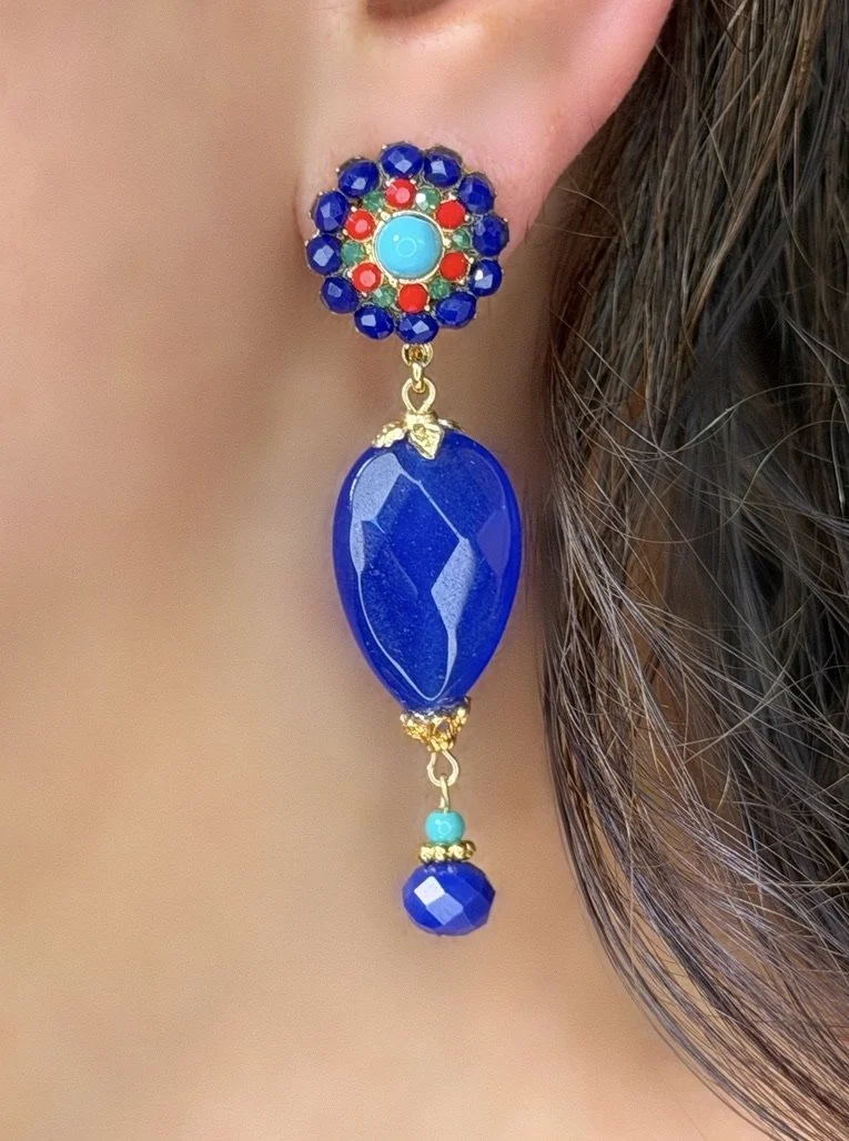 Rosette Multi-Color Earrings with Cobalt Blue Drops (Clip or Pierced )