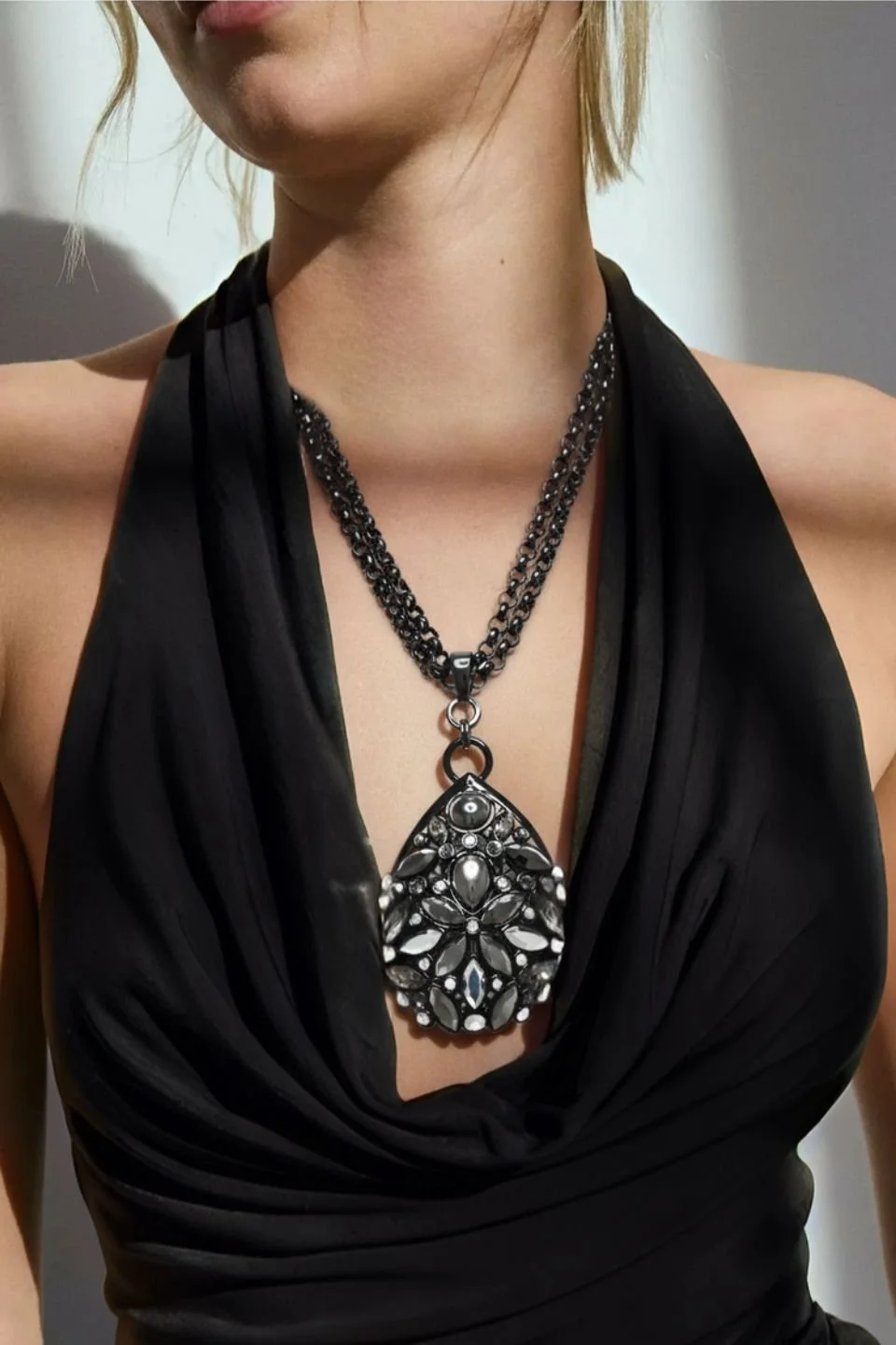 Gunmetal Hematite And Silver Crystal Stone Mosaic Pendant Necklace