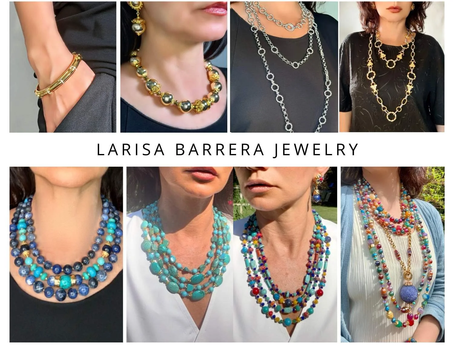 Larisa Barrera layered necklaces-signature look, layered chain necklaces, beaded necklaces of layered strands in turquoise, multi bright colors and sodalite navy blue and turquoise mixtures