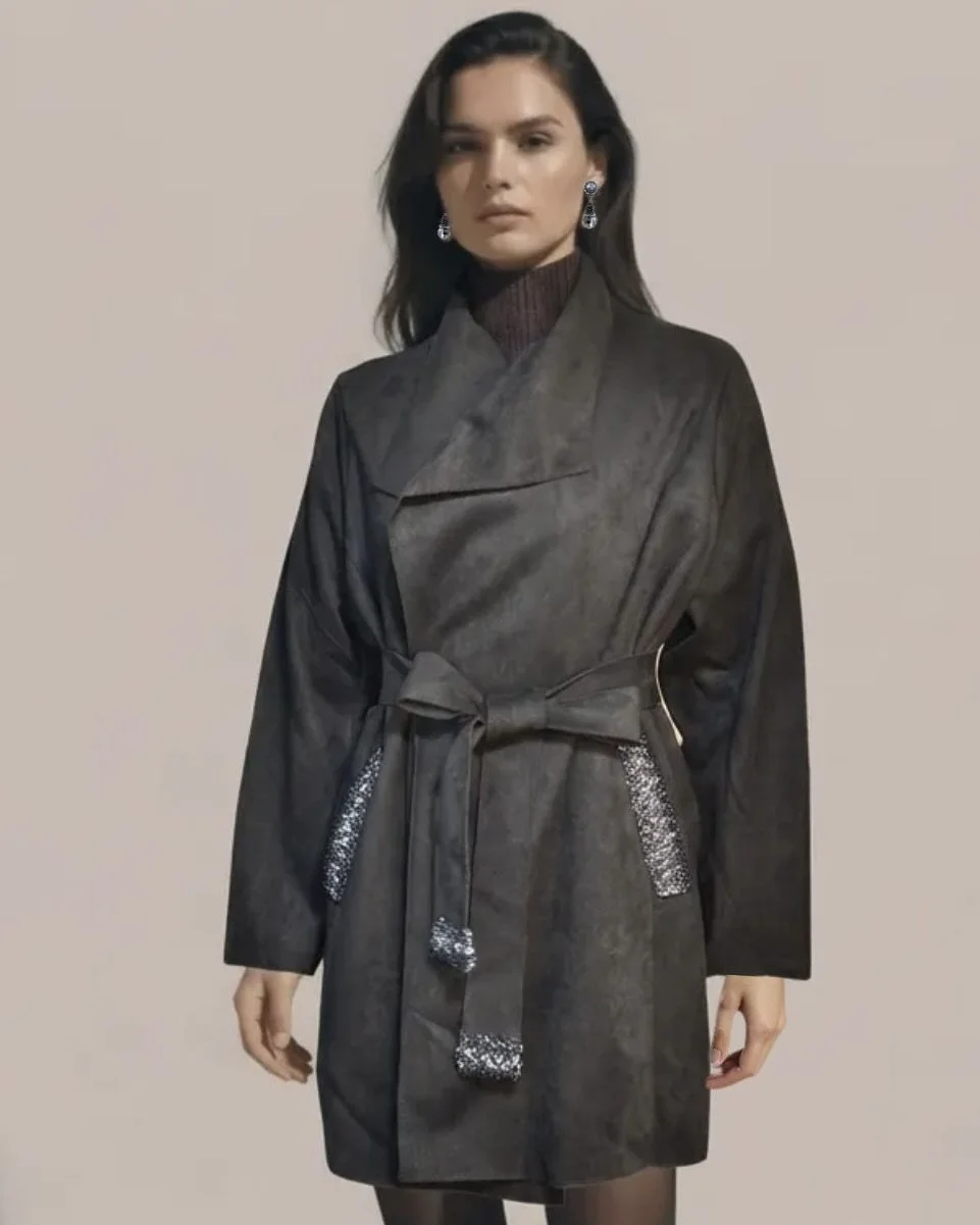 Black Ultra Suede Coat with Beaded Trim