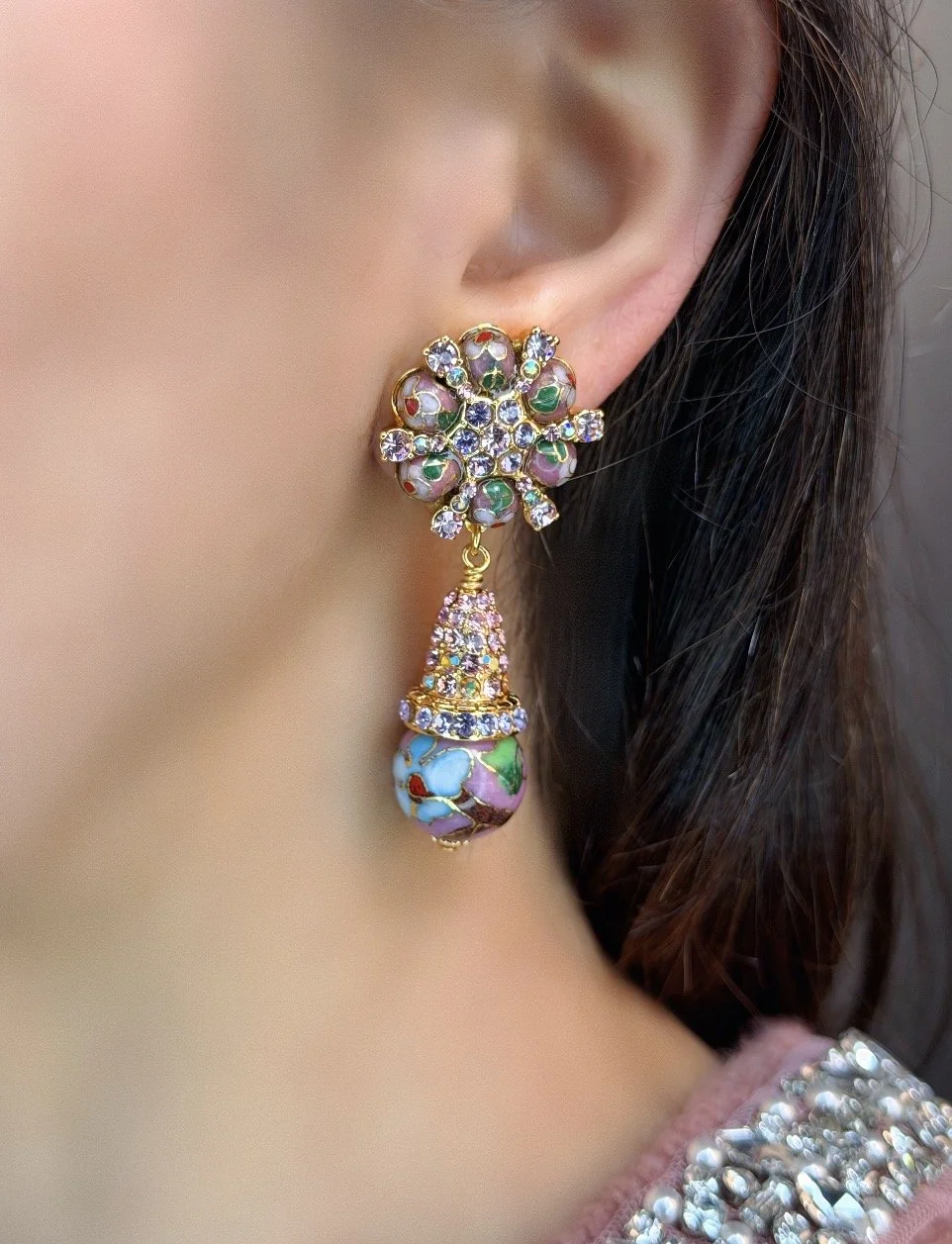 Pink Cloisonné Starburst Clip Earrings With Pink Crystal Pave And Cloisonné Drop