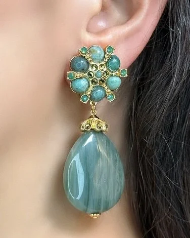 Green Jasper Starburst Clip Earrings With Geen Moss Agate Teardrop