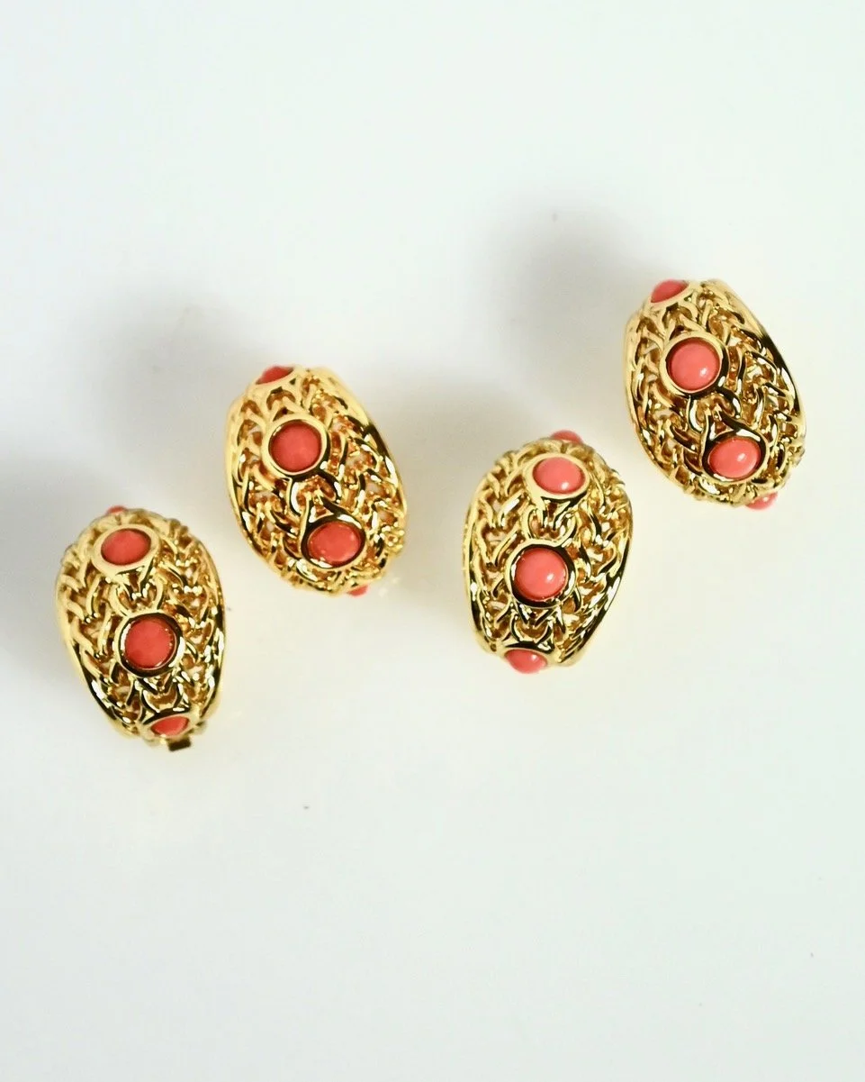 Gold Braided Hoop Clip Earrings With Smooth Or Faceted Coral Color Stones