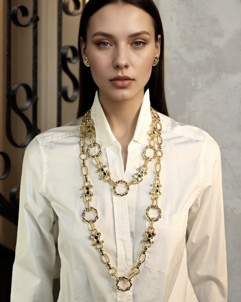 Bold Gold Long Chain Link Necklace With Black Jet Stones