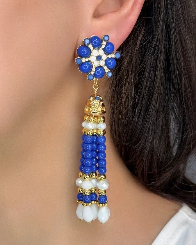 Blue White on Gold Beaded Tassel Earrings