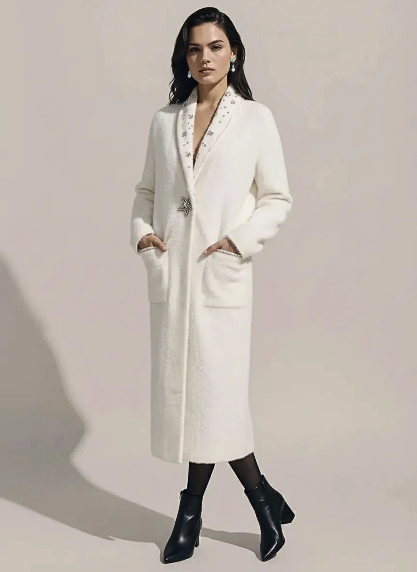 Cream Cozy Crystal Embellished Cardigan Coat