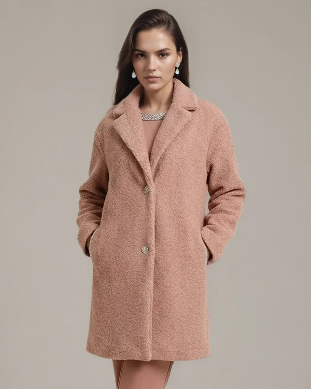 Pink Cozy Fleece Coat with Crystal Elegance