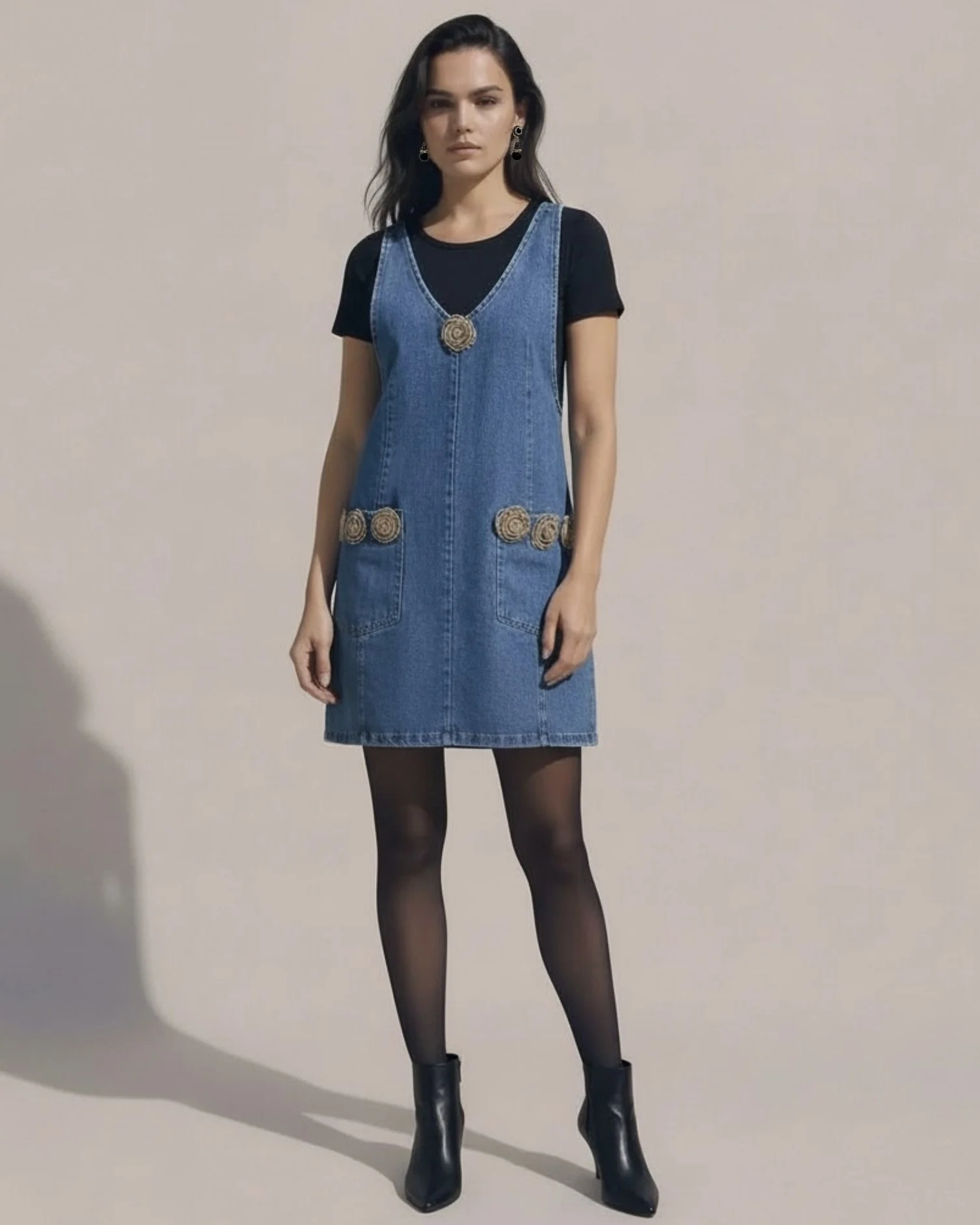 Blue Denim Dress With Floral Zipper Appliqués