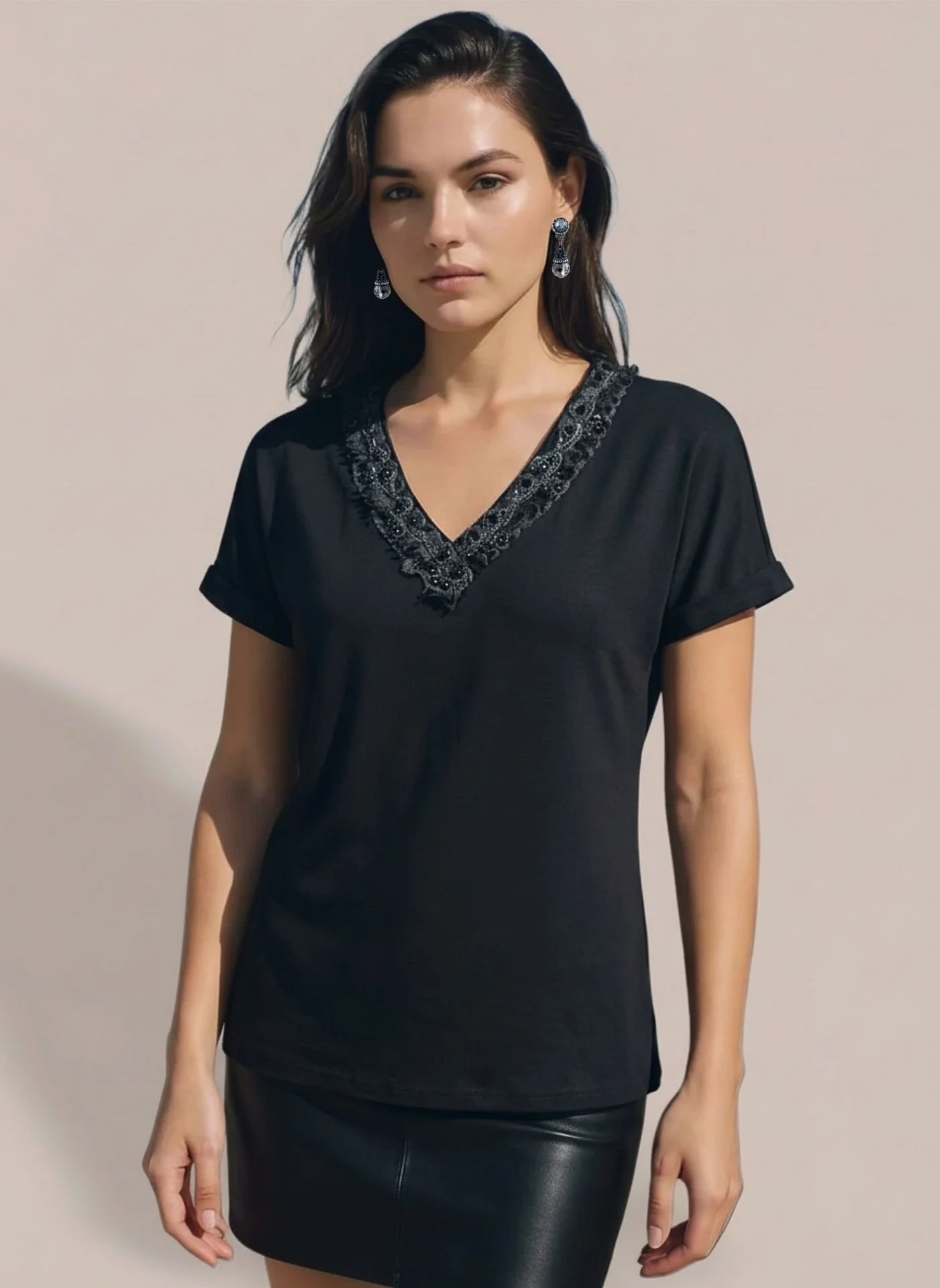 Black Tee Shirt With Black And Silver Ruched Ribbon Embroidered Neckline