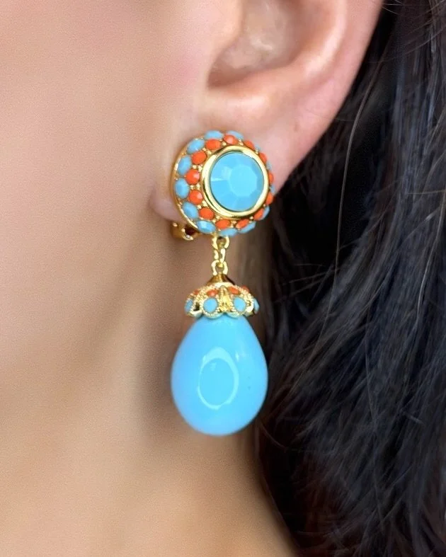 Turquoise  & Coral Crystal Earrings With Turquoise Teardrop (Clip or Pierced)