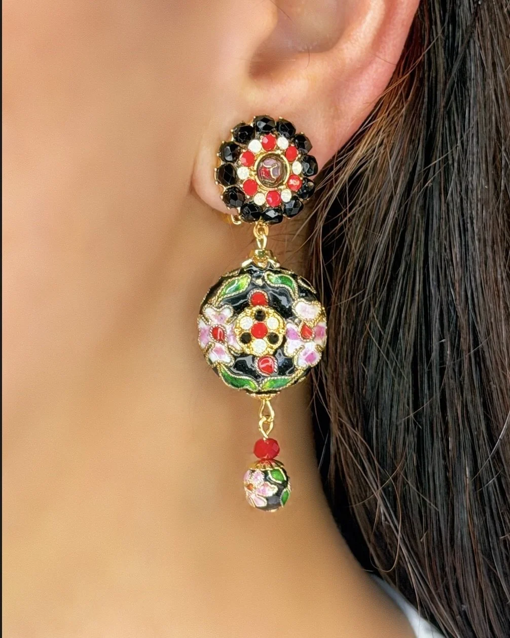Cloisonné Disc Drop Earrings - Black, Red, & White Opal