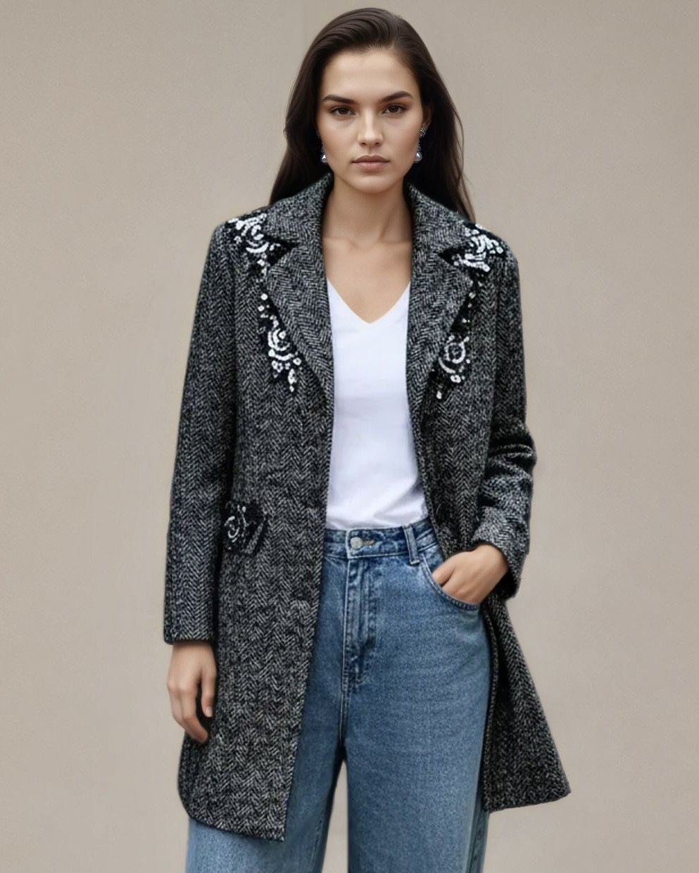 Elegant Tweed Coat with Floral Beading And Hematite Crystalized Buttons