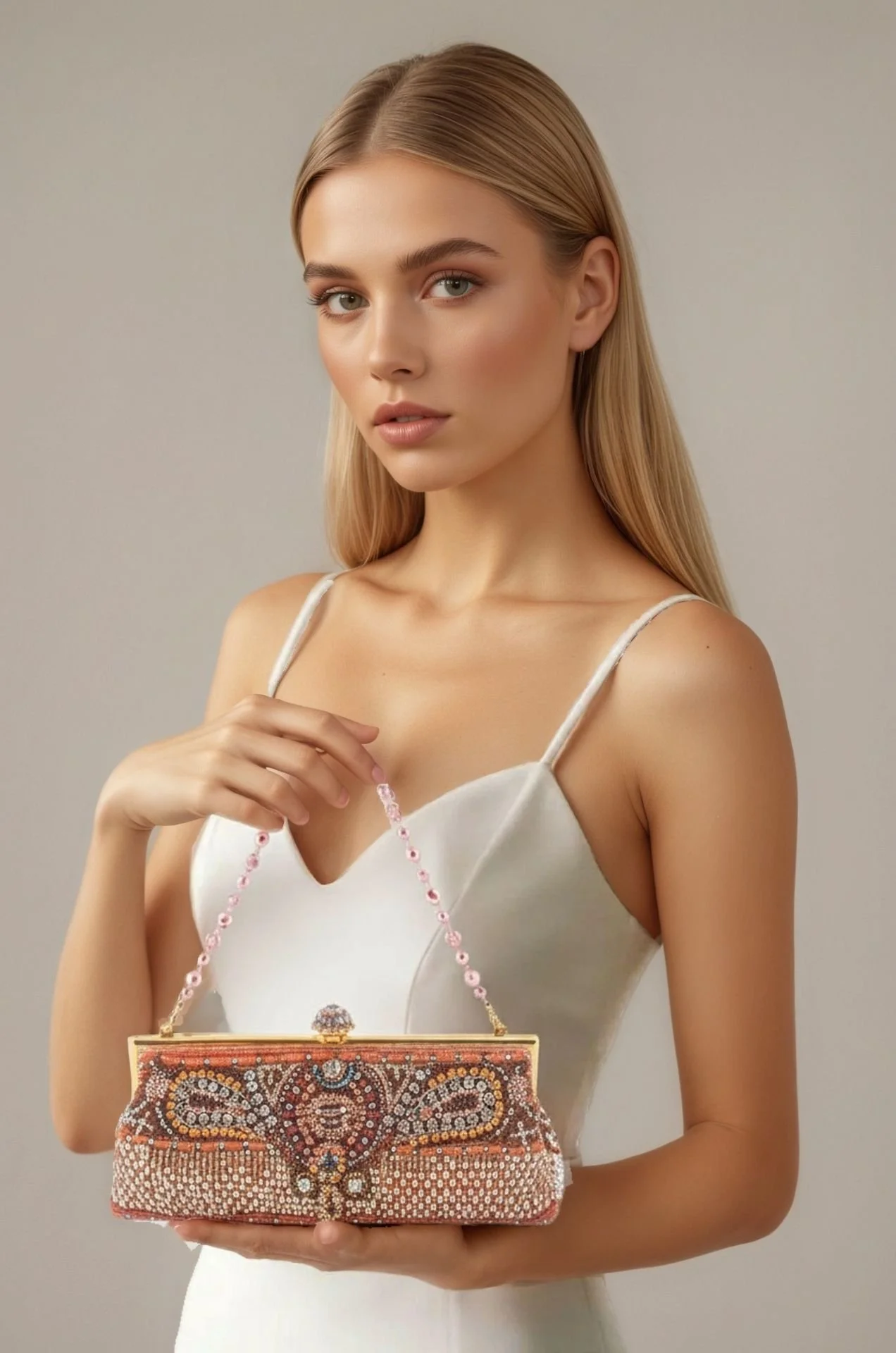 coral clutch shape bag with model.jpg