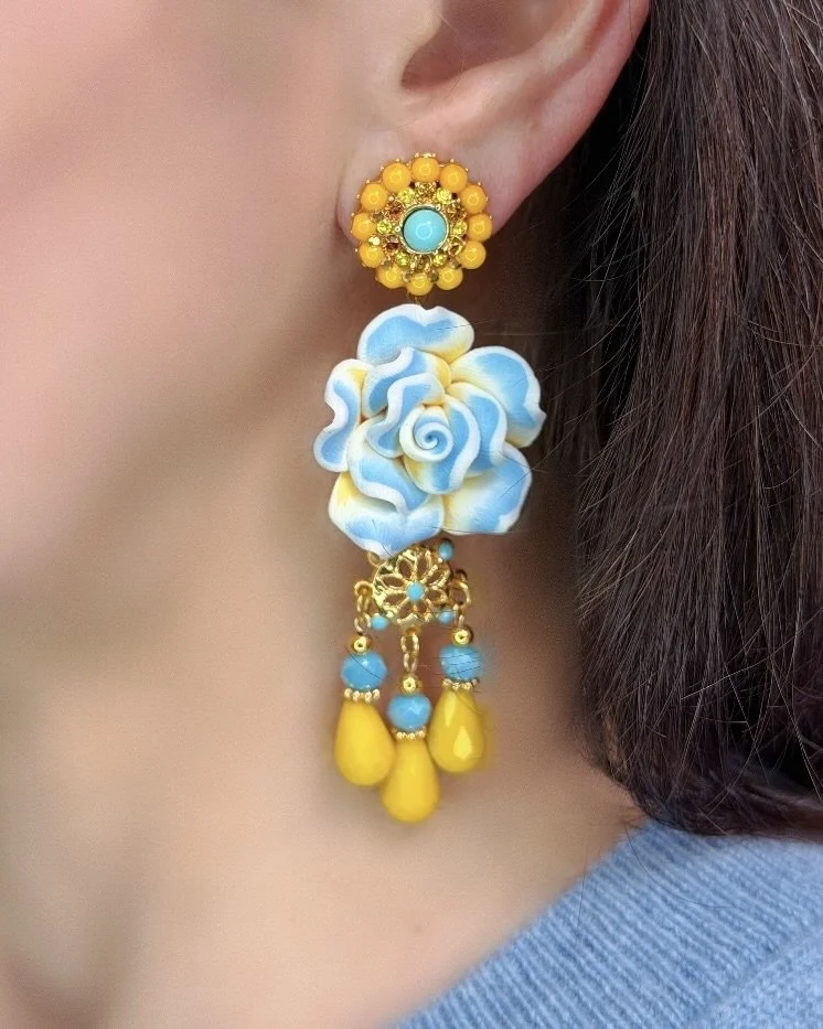 Yellow, Blue, and White Flower Chandelier Earrings