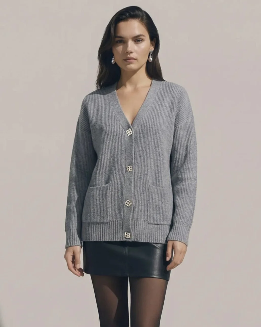Grey Cozy Cardigan with Crystal Buttons