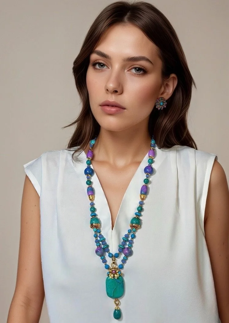 Gold, Turquoise and Lavender Pendant Necklace