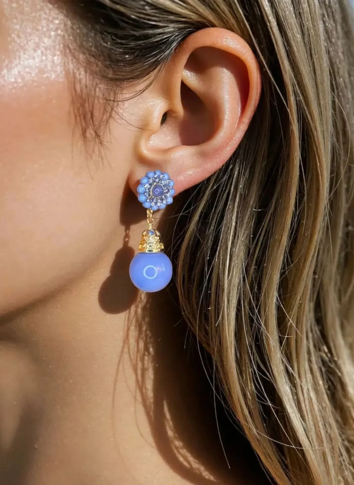 Periwinkle Rosette Earrings with Bead Drops (Clip And Pierced)