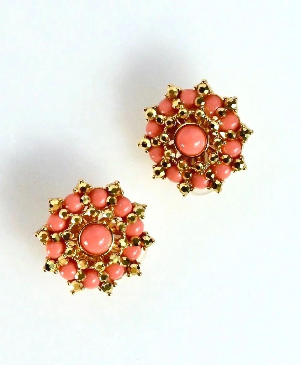 coral and gold button earrings -pair (Copy)