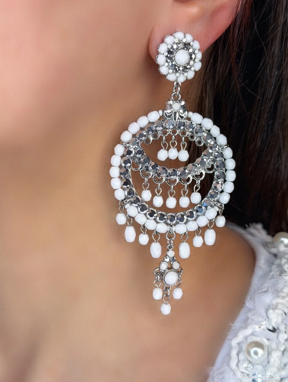 White Silver Circle Chandelier Earrings (Clip or Pierced)