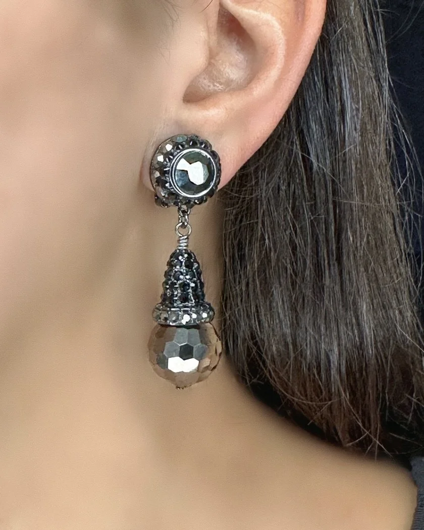 Jet Hematite Gunmetal Round Earrings With Pave Stone Drop And Faceted Gunmetal Drop far view on ear