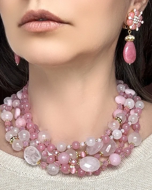 Larisa Barrera-Pink Quartz And Rose Pink Glass Twist Necklace