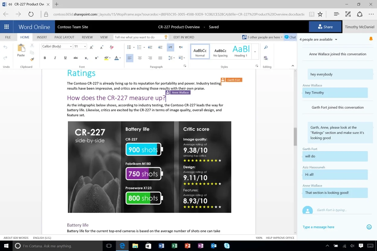 Chat in real-time while you collaborate in Office Online documents stored in the cloud.