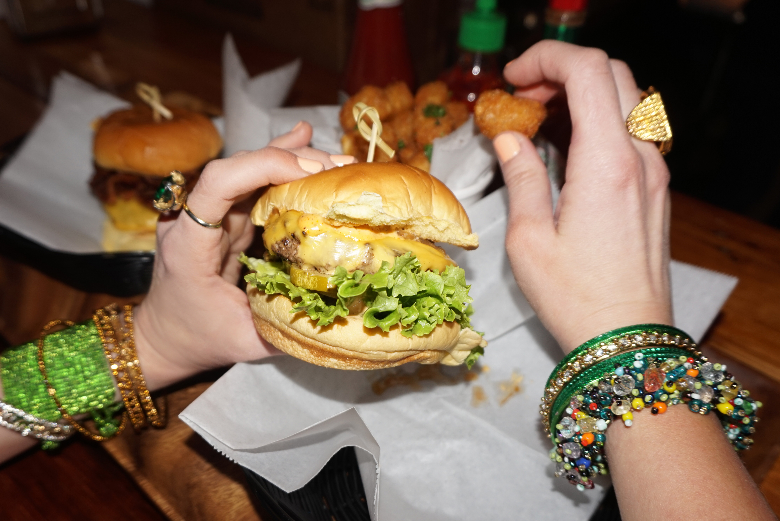 (from left): Flea Market (from India) bangles; Vintage ring; LES Kitchen burger (available here ); Flea Market (from India) bangles