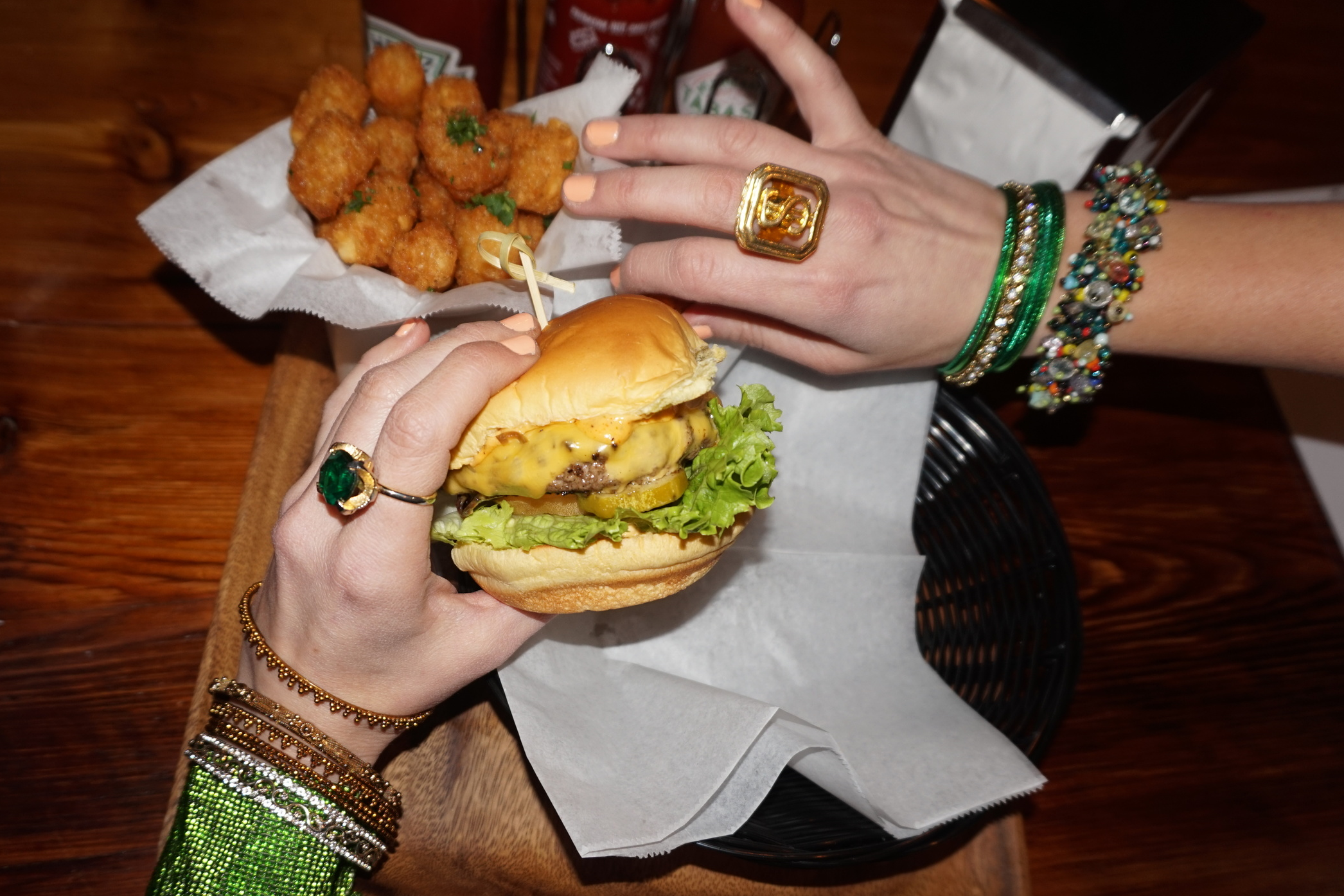 (from left): Flea Market (from India) bangles; Vintage ring; LES Kitchen burger (available here ); Flea Market (from India) bangles