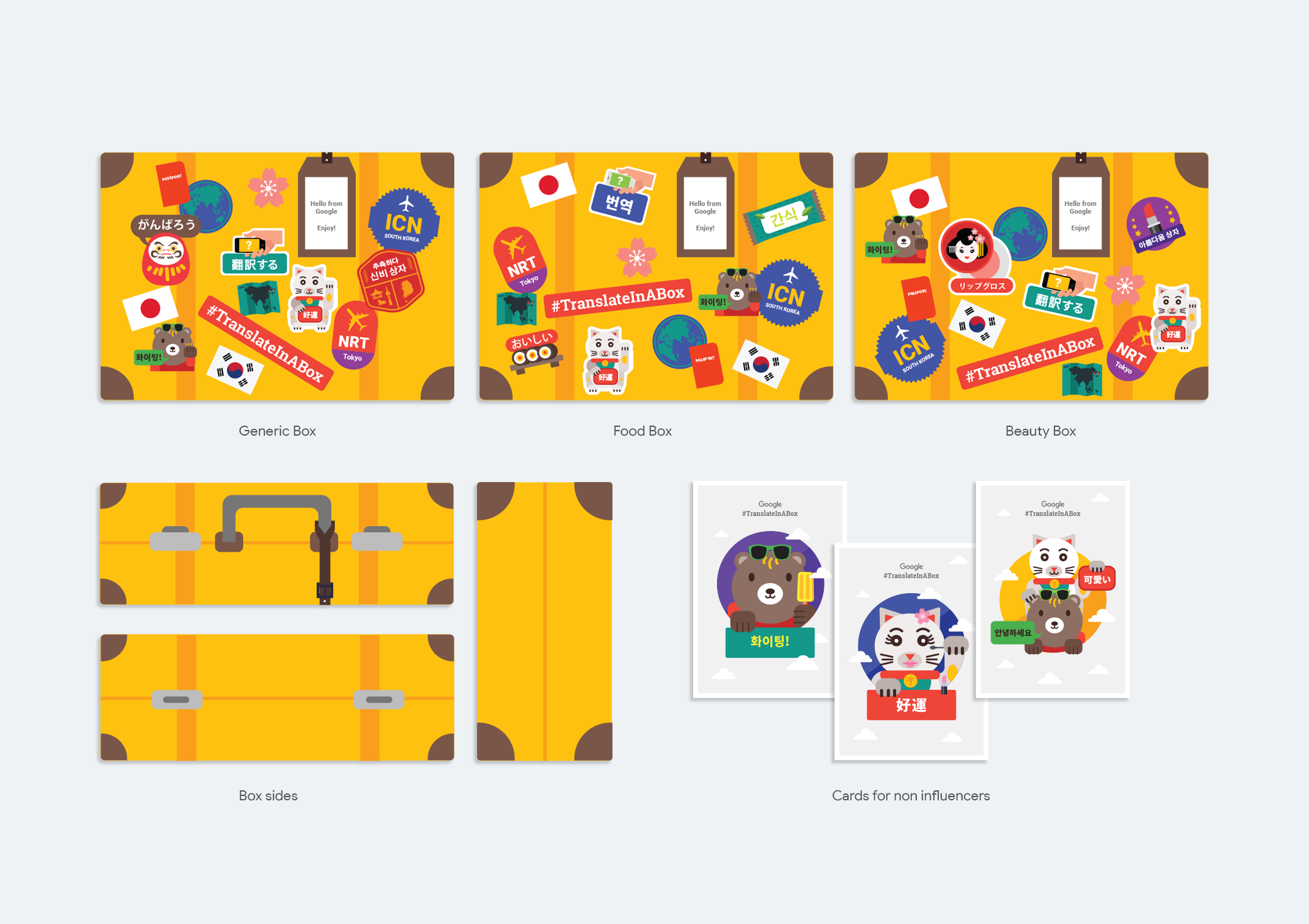 #TranslateInABox Luggage Box design in 3 categories - Generic, Food and Beauty boxes are sent to different influencers around the world.