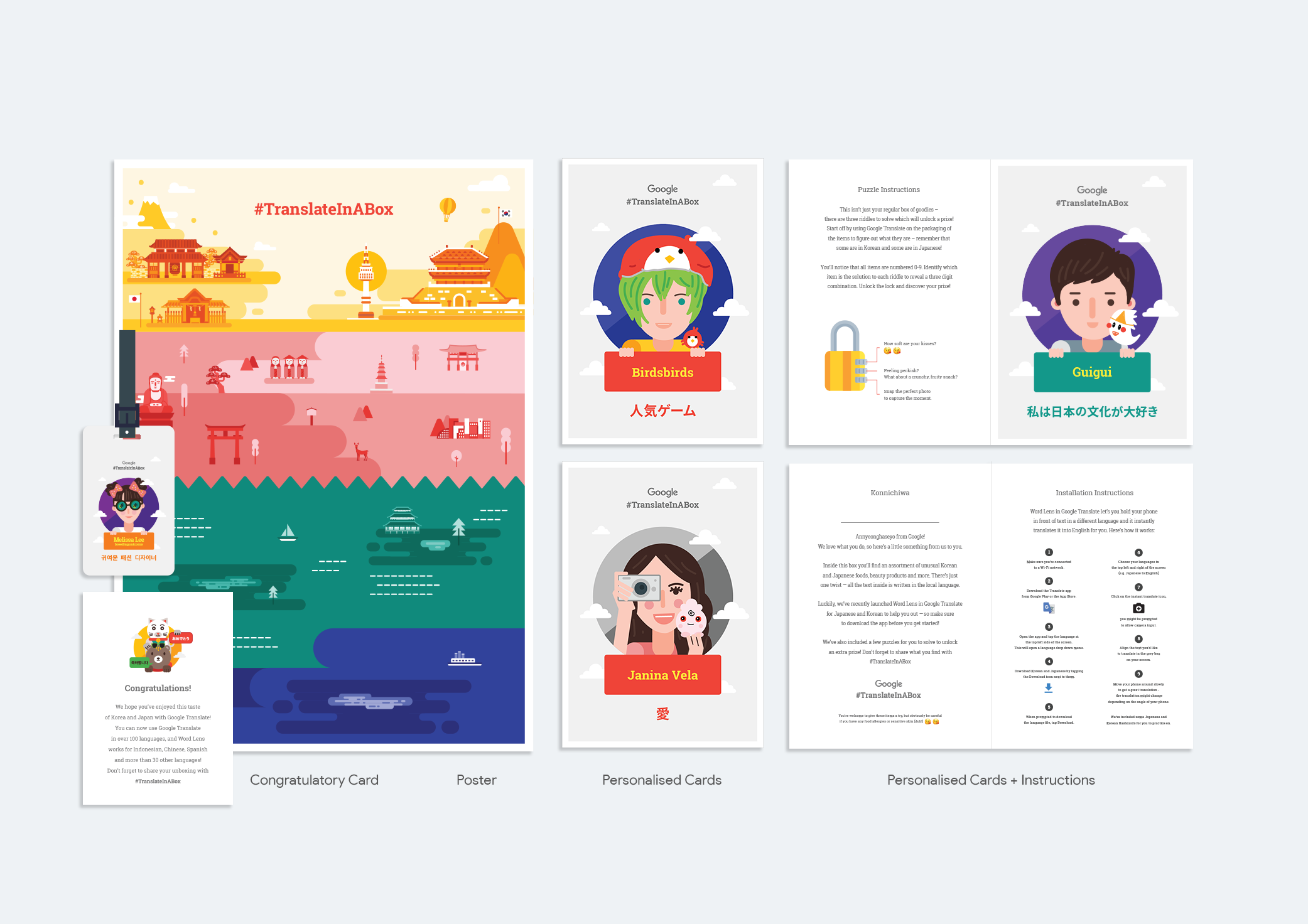 From left to right: A1 Poster, Customised luggage tags and instruction cards with the influencers illustrated portraiture. Congratulatory card. 