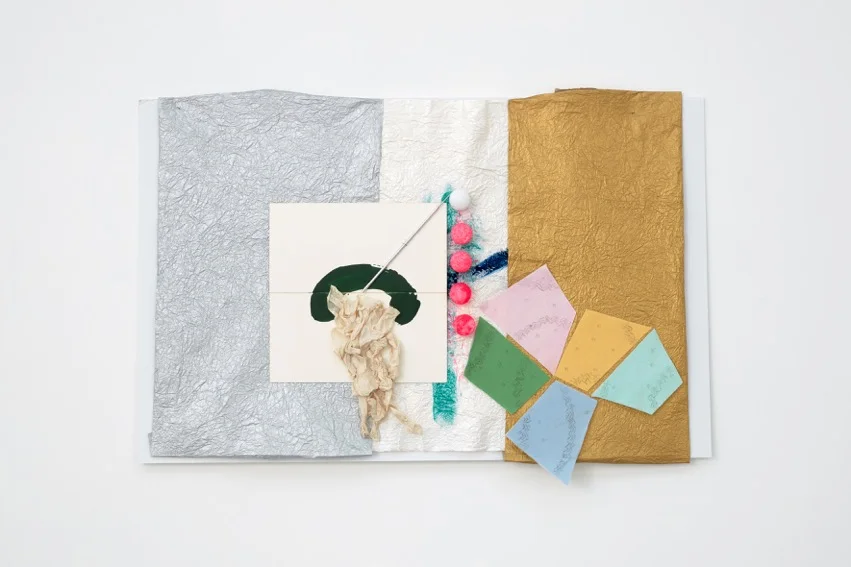 Richard Tuttle, Pressing: Hole in the Head, VII 2015-2016. Styrofoam, metal, colored felt, heat-sensitive quilting backing, fabric paint, white glue, bond paper, enamel paint, acid-free museum mount board, metallic paper, acrylic, day-glo gouache, nails 64.8 x 92.1 x 5.1 cm, 25 1/2 x 36 1/4 x 2 1/8 ins. Courtesy Stuart Shave/Modern Art, London