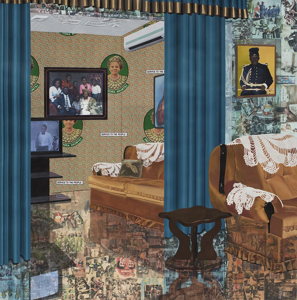 Home: As You See Me , 2017. Acrylic, transfers, colored pencil, collage and commmorative fabric on paper, 72 x 60 in