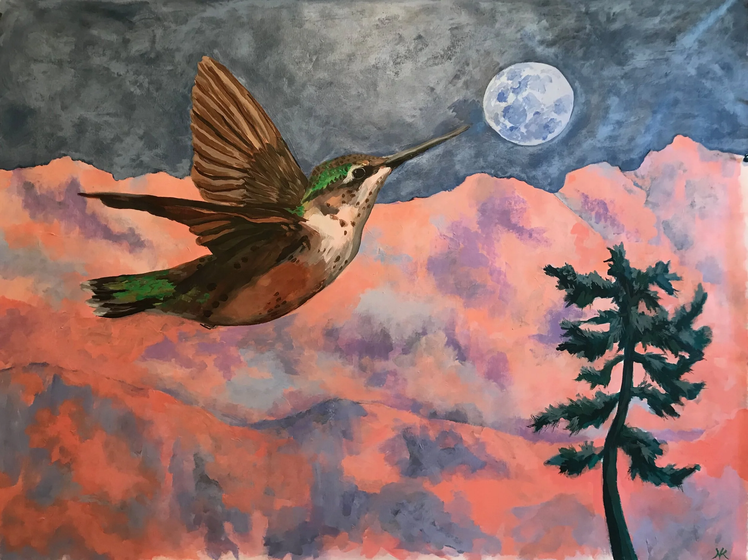At the Time of the Blue Moon, a Hummingbird Changes Worlds, acrylic on canvas, 30" x 40"