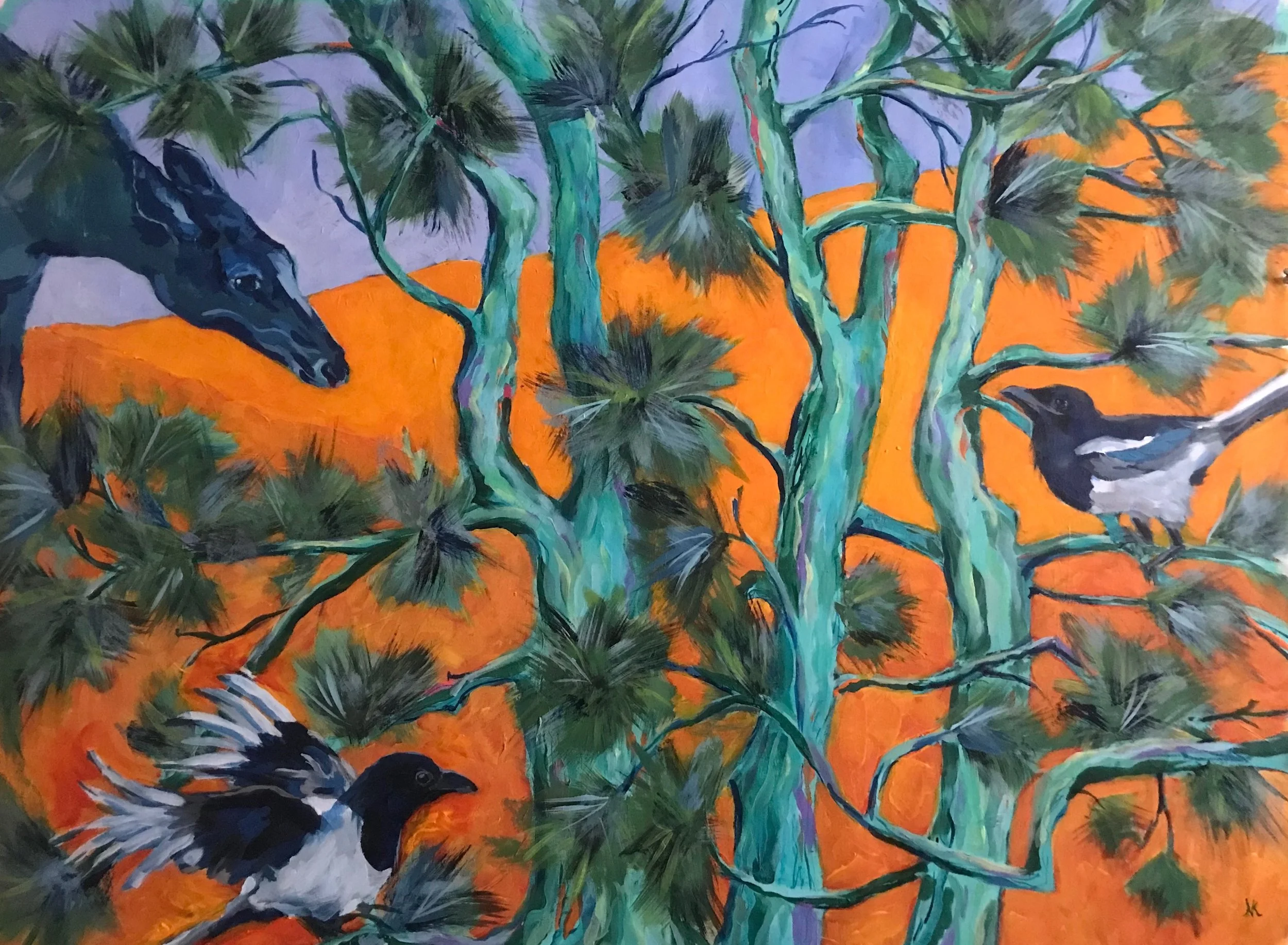Dark Elk and Magpies, acrylic on canvas, 30" x 40"