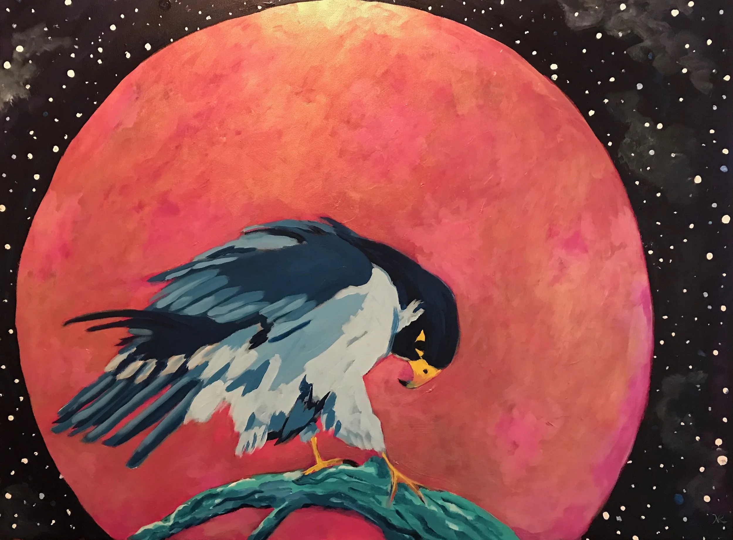Falcon and Magenta Moon, 2022, acrylic on canvas 30" x 40"