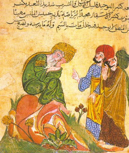 Middle Eastern and Islamic Tales | The Arabian Nights, also known as One Thousand and One Nights, covers many tales from the Islamic Golden Age. Collected from Middle Eastern and South Asian tales of myriad ancient roots, some of the most popular tales told to students are of Scherazade, The Ebony Horse, Aladdin, Ali Baba and the Forty Thieves (told in 4 stories). Image: an illustration from a Persian version of One Thousand and One Nights, c. 1850s. Public domain via Wikimedia Commons.