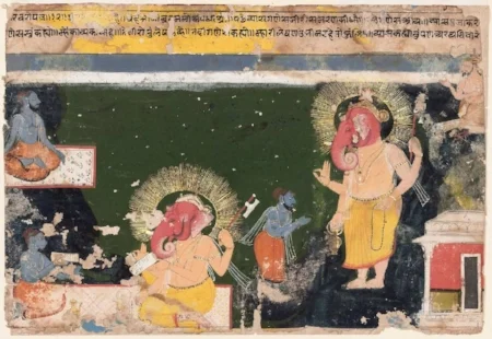 Indian and Hindu Mythology | The Mahabharata: The epic story of five brothers and their wife, and a battle between kinsmen that almost destroys the world (told in 12-14 stories). The Ramayana: The story of the god-hero Rama and his wife Sita, and the demon king Ravana who abducts Sita (told in 14-16 stories). Tales of Krishna: Stories of the beloved blue god-hero from his childhood through young manhood (told in 8 stories). Image: "Ganesh writing the Mahabharata", public domain via Wikimedia Commons.