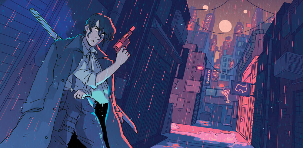  “Neon City – Your Tragedy” – Illustration for Thirsty Sword Lesbians Core Playbook (Evil Hat Productions) 