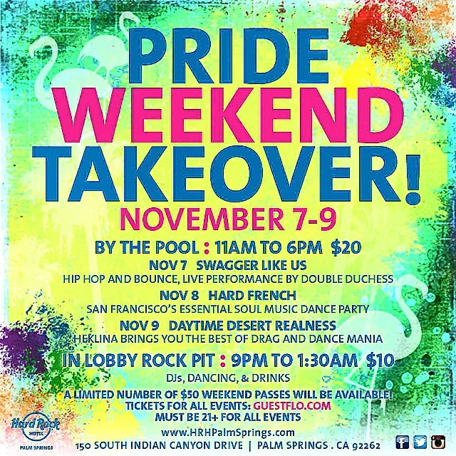 SwaggerLikeUs x HardFrench x DaytimeRealness join forces for the ULTIMATE wknd takeover at the @hrhpalmsprings 🎉 Nov 7-9 for Palm Springs Pride 🎉 Limited time $50 wknd pass tickets on sale NOW 🙌
