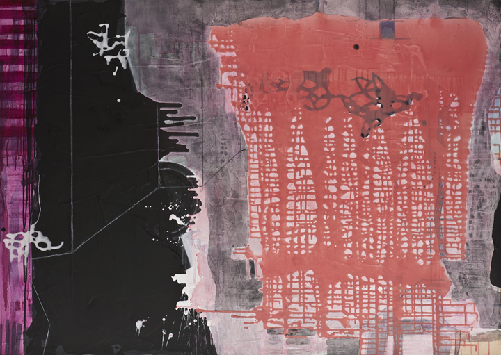 Intrusion, 40"x 56", ink and pigment dispersion in polymer, graphite, glass powder on canvas, 2011