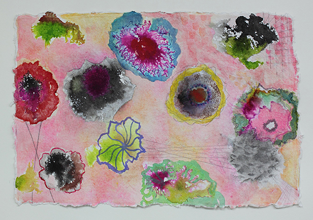 Peach Poppies 2 . 12"x 18", gouache, ink, graphite on handmade paper, 2013