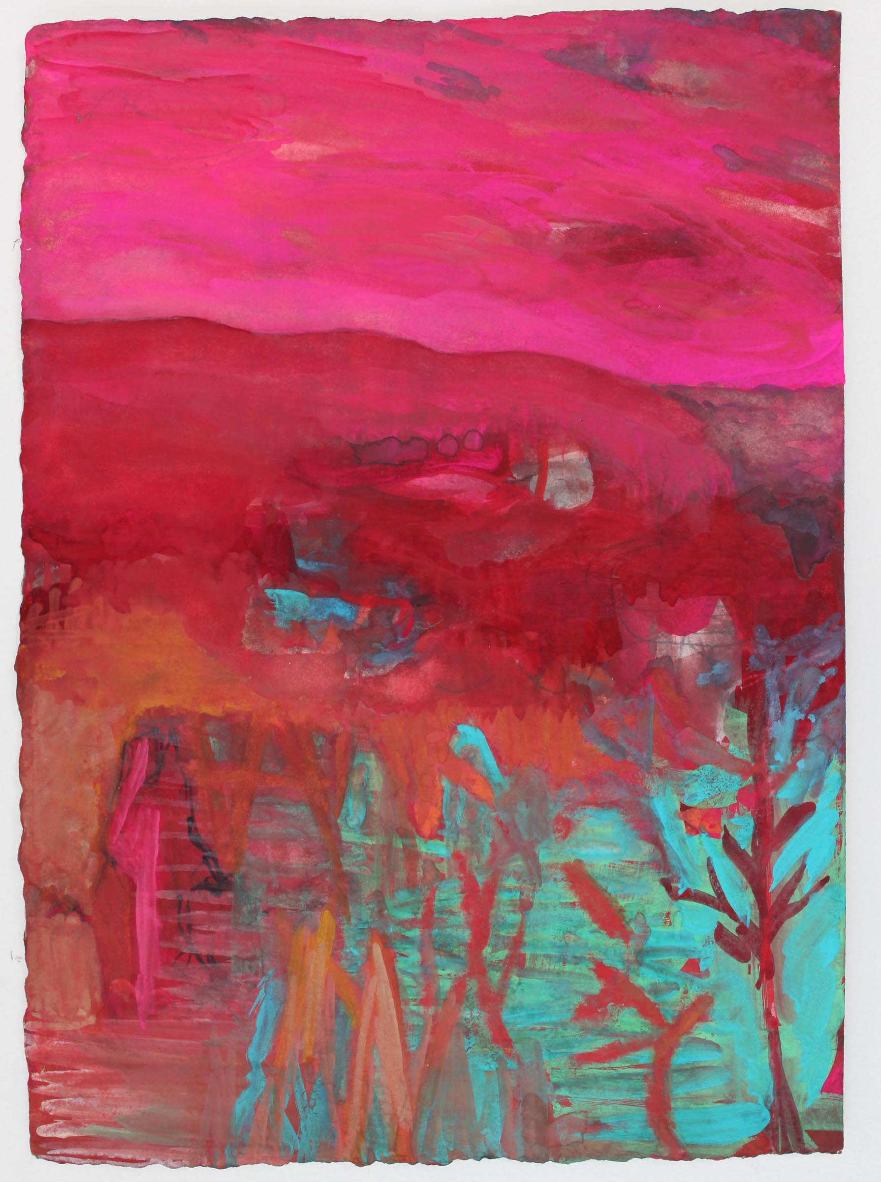 Pink Sky Red Hills, 11"x 8", gouache on handmade paper, 2010
