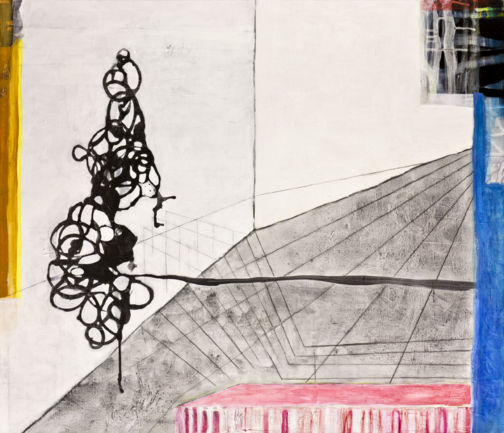 Suspended In Space Left, 42"x 36", ink and pigment dispersion in polymer, graphite, glass powder on canvas, 2011