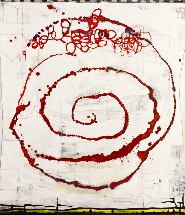 Circular Systems Red , 42"x 36", acrylic, ink, graphite, glass powder on canvas, 2011