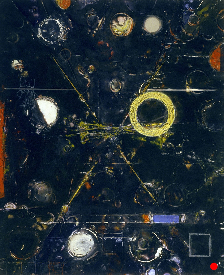Black White Circles , 18"x 15", encaustic, oil on wood, 2004 SOLD