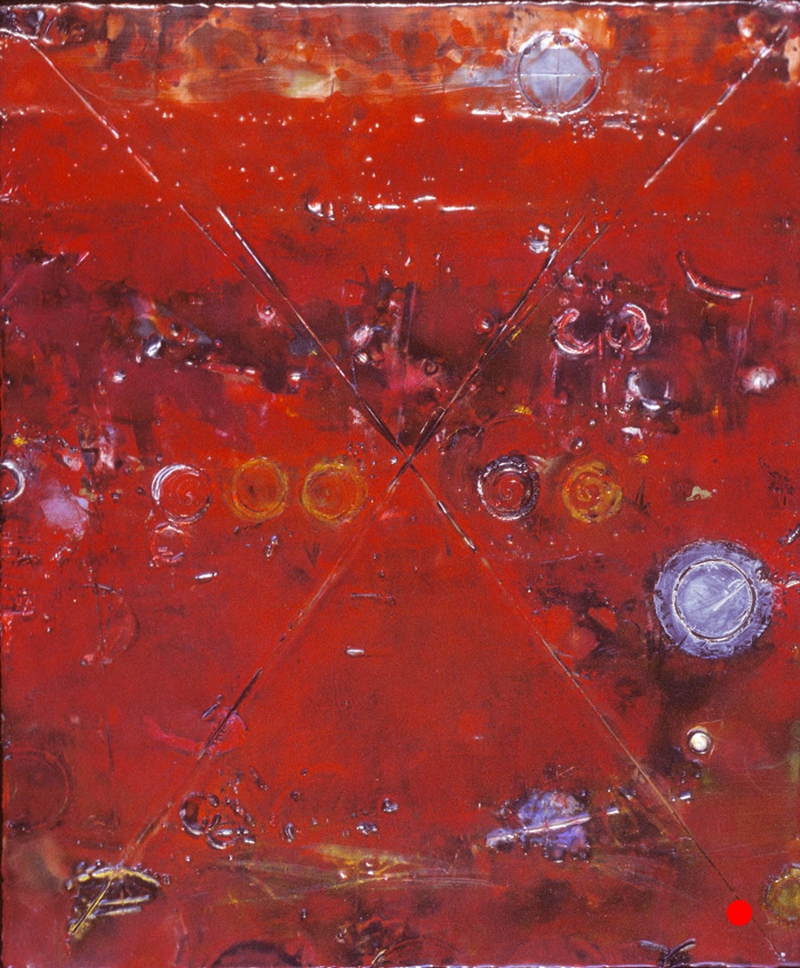 Circle Red X , 18"x 15", encaustic, oil on wood, 2004 SOLD
